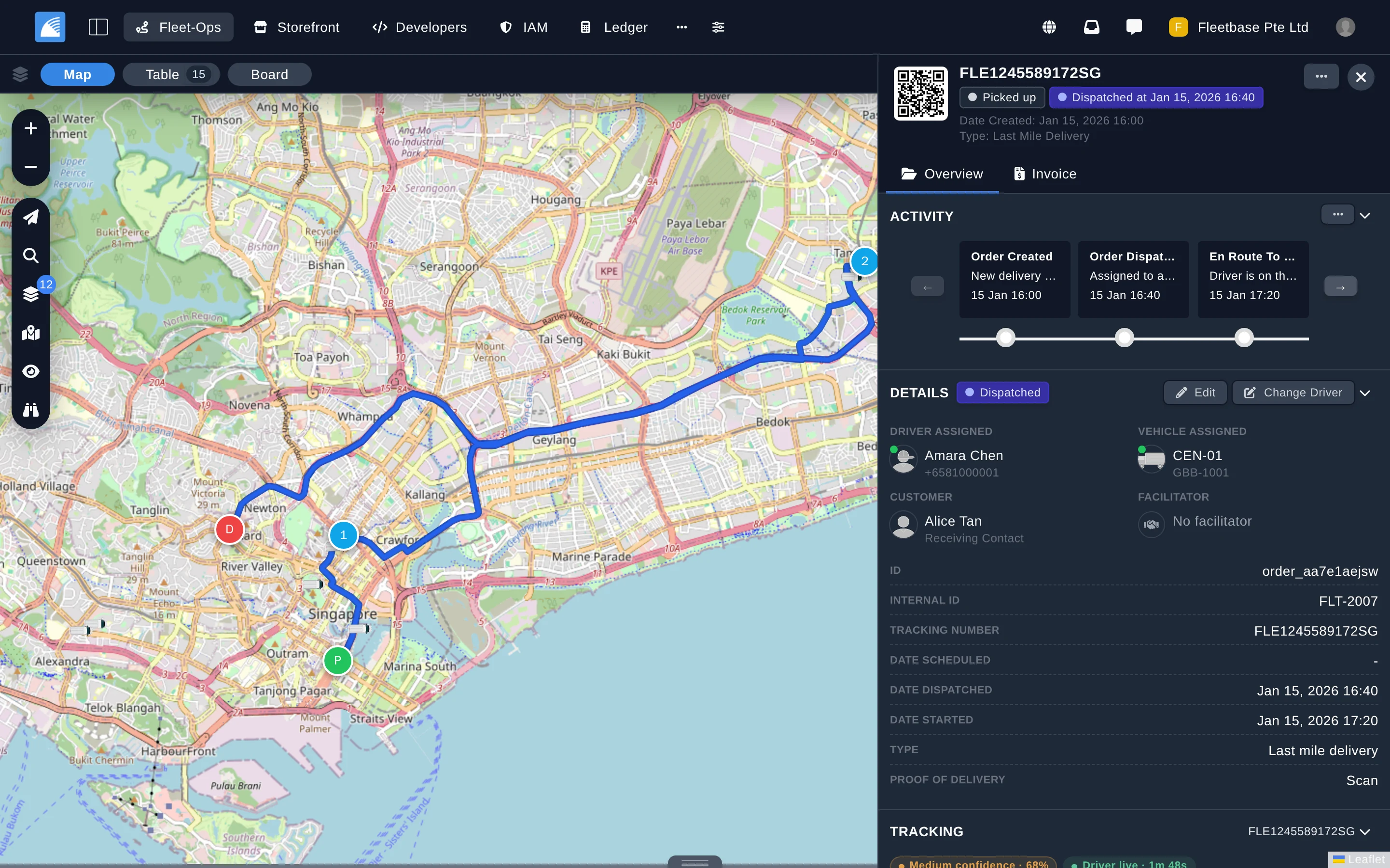 A multi-waypoint order in Fleet-Ops, showing the route on a map beside the order's activity, driver, and vehicle details