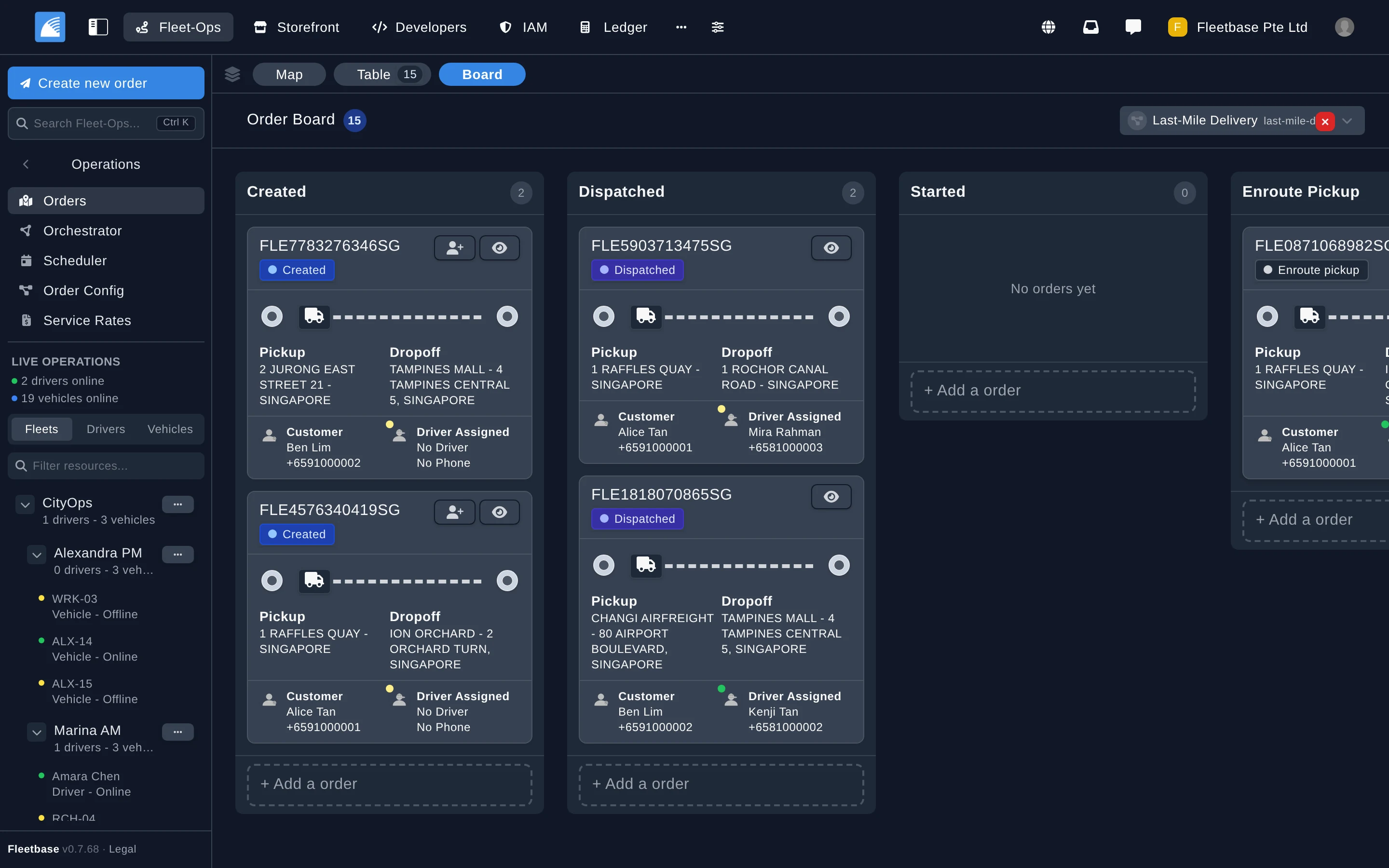 Fleet-Ops order management kanban board with live dispatch and driver assignments