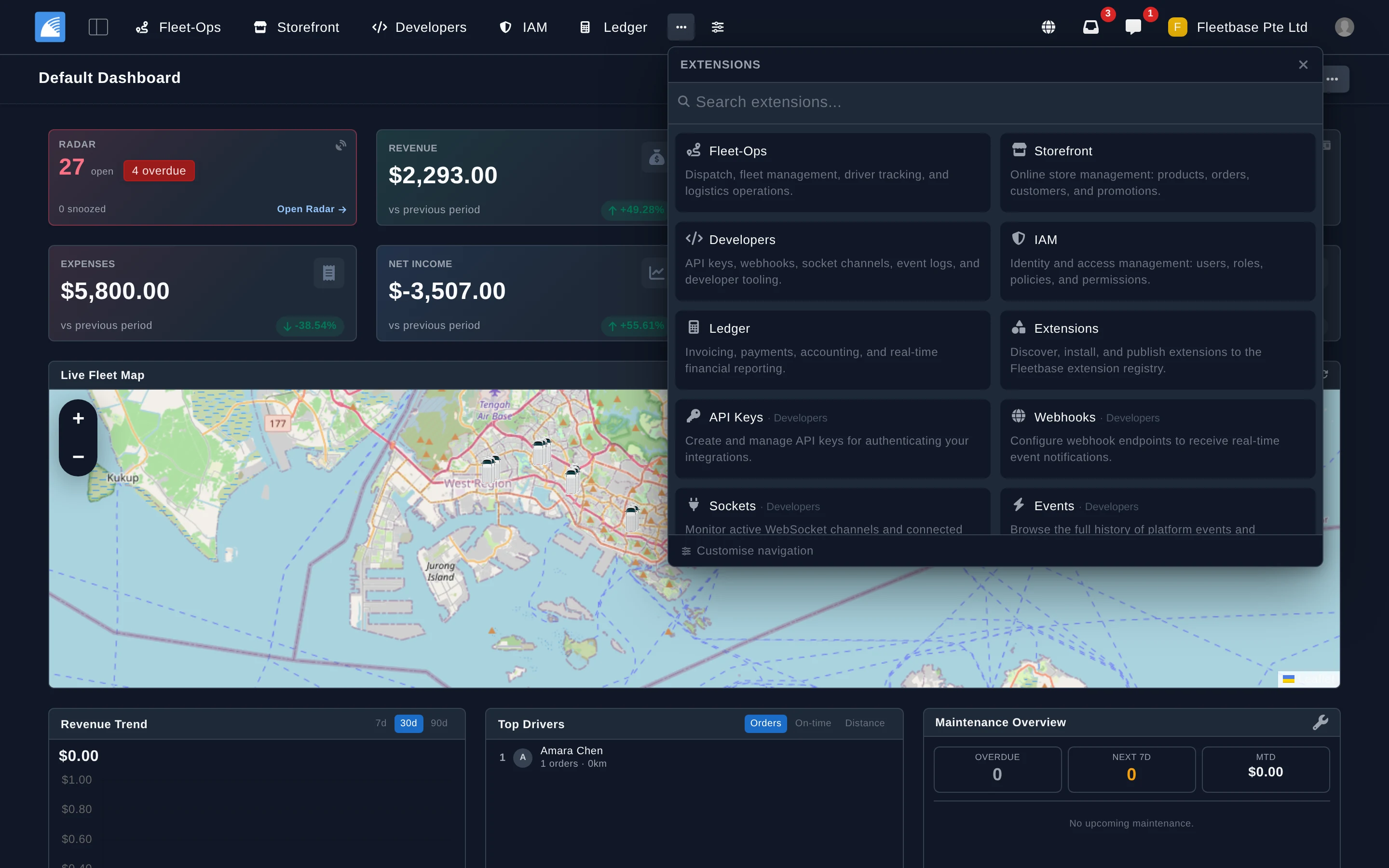 Fleetbase developer console — API keys, webhook configuration, and request logs