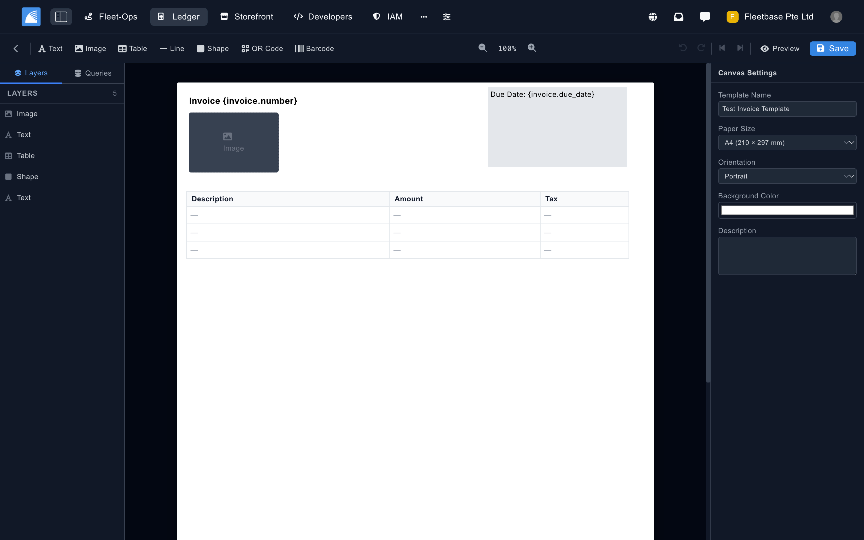 Ledger invoice template editor with branded design options and custom field configuration