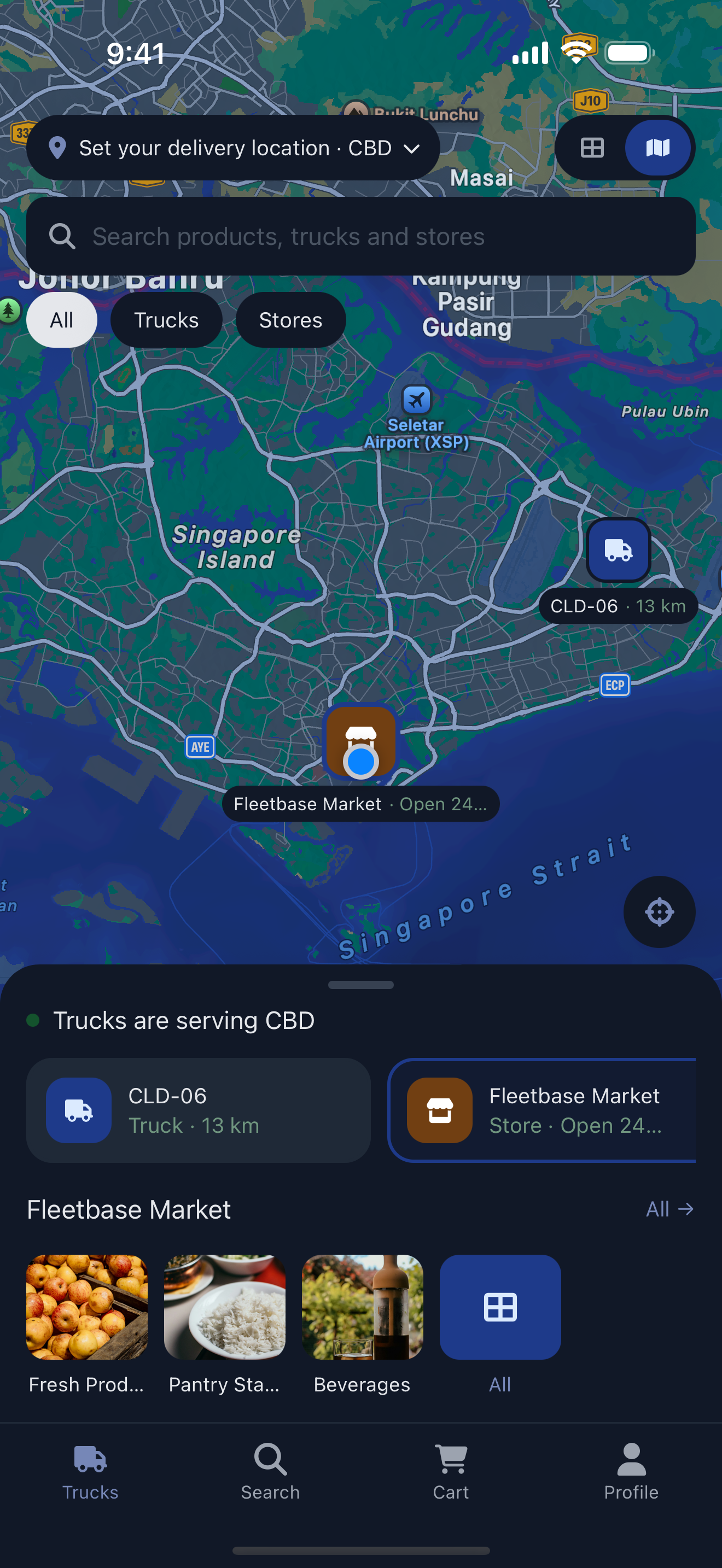The trucks home: live trucks on a map with the trucks serving the customer's zone