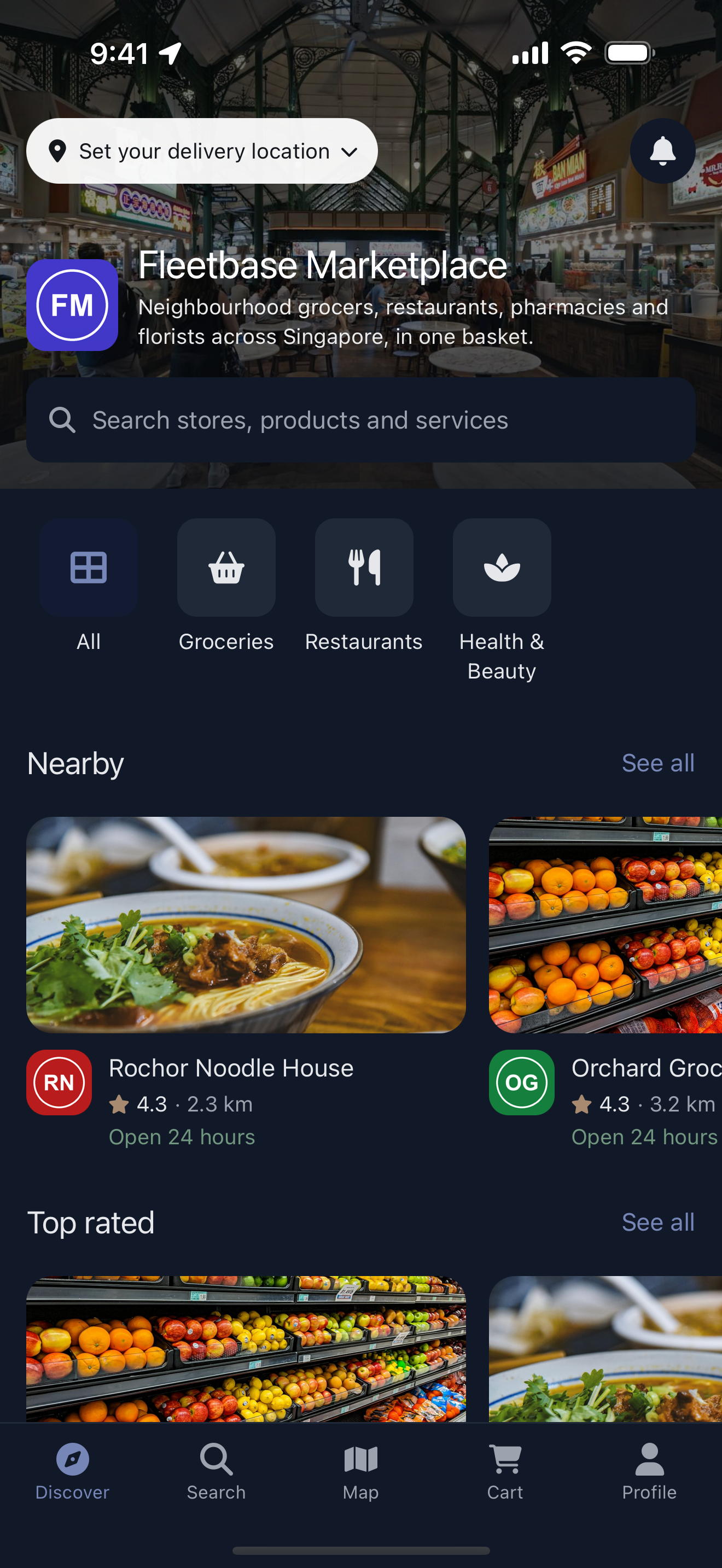 A marketplace home: featured stores, categories and stores near the customer