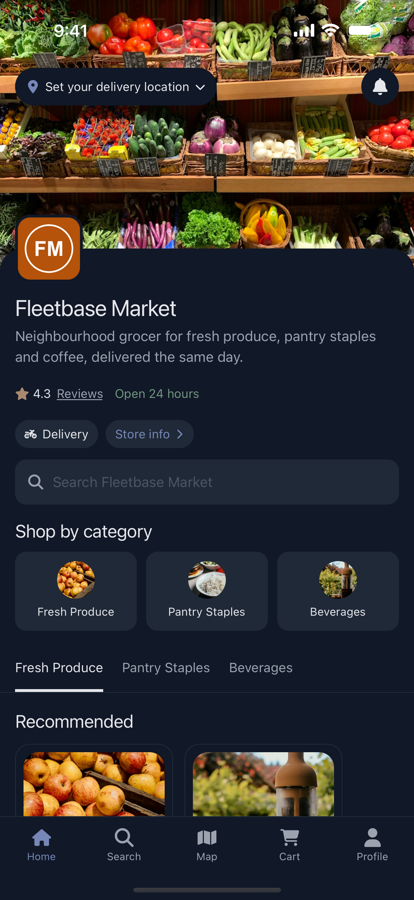 A store's home page: categories, recommended products and the store's open hours