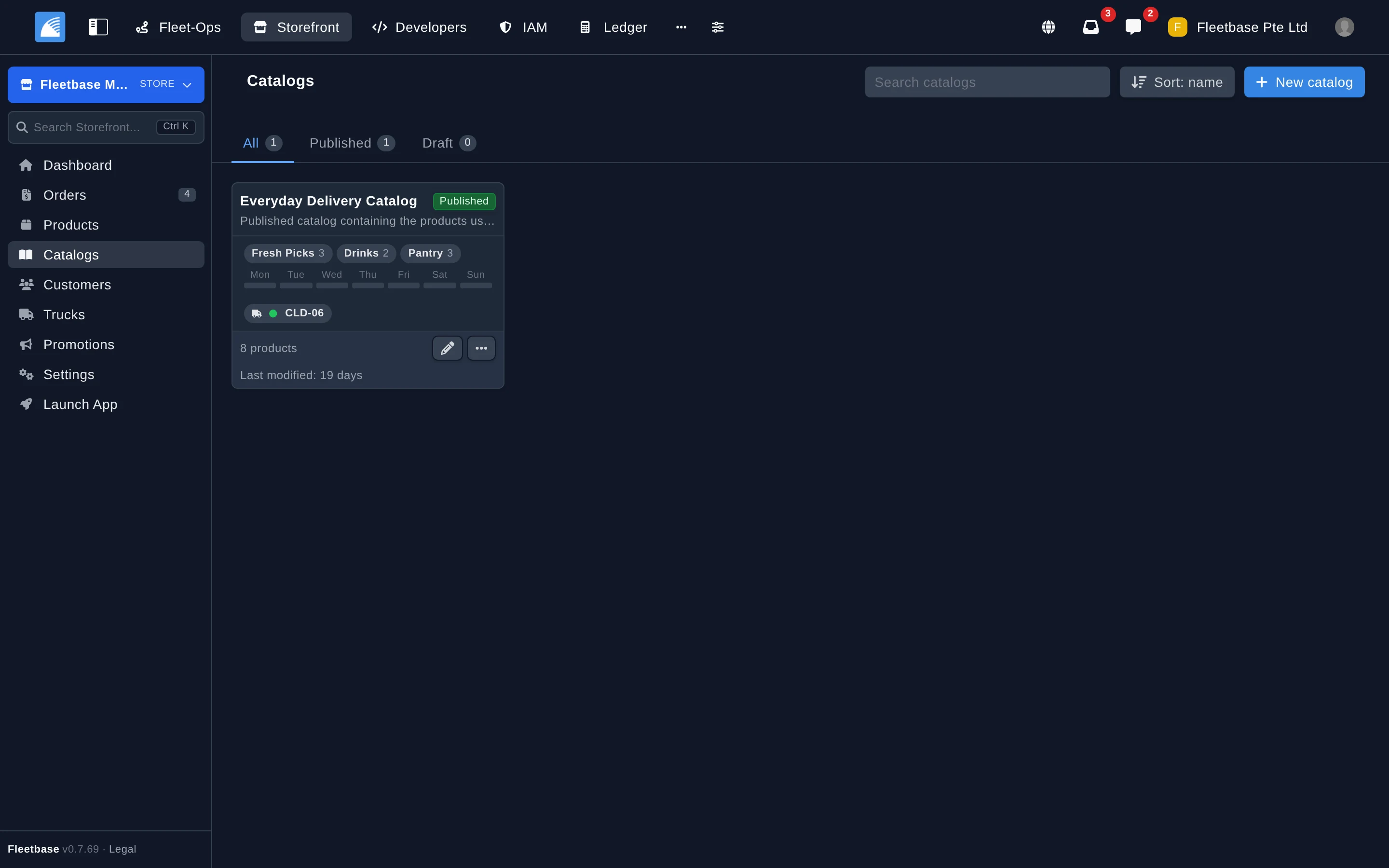 Storefront catalog and network management showing multi-vendor store configuration and network settings