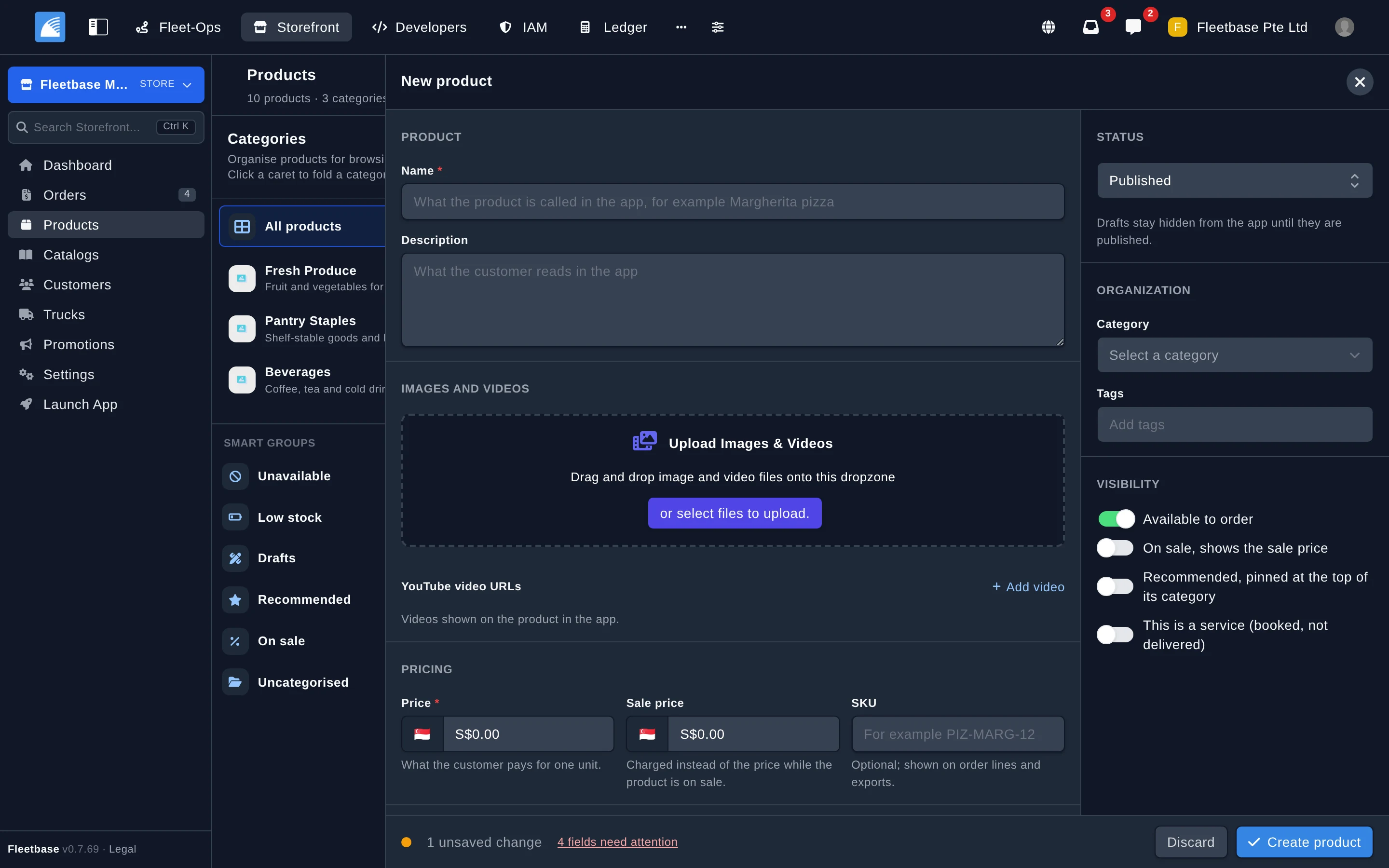 Storefront product editor showing fields for product details, pricing, categories, variants, and addons